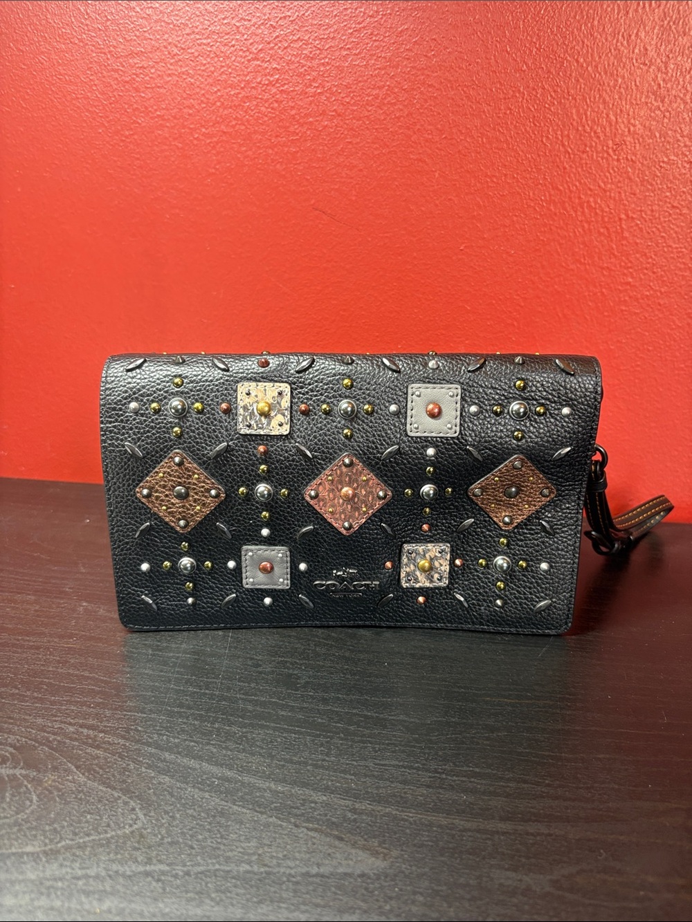 Coach Black Studded Embellished Leather Wristlet